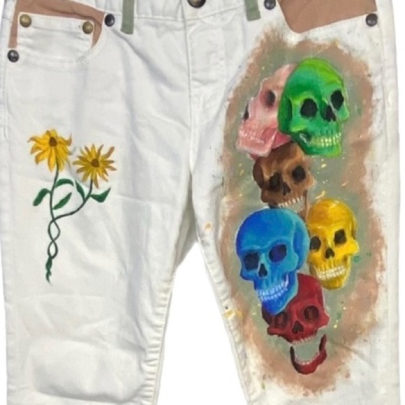 Free People SKULL DAISY BOHO Hippie Pant Hand Painted  One Of A Kind - Picture 2 of 10